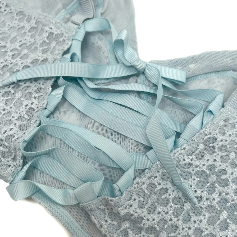 Free People Women's Floral-Embroidery Lace Long Line Bra Light Blue Size Large